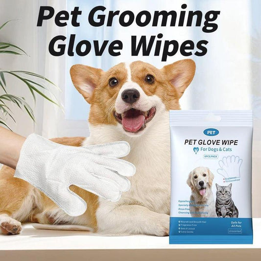 Extra Thick Dog and Cat Bath Wipes, Pet Cleaning and Deodorizing Grooming Gloves, Pet Daily Care Disposable Wipes, No Rinse, No Fragrance, 6 Pieces Paws